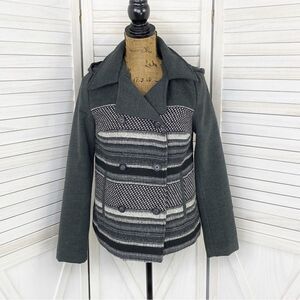 Jack BB Dakota Striped Colorblock Cropped Removable Hood Pea Coat Gray Small
